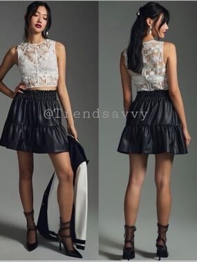 Anthropologie Somerset Black Faux Leather Mini Skirt Smocked Waist Medium NWT